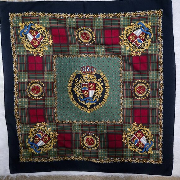 Vintage Tartan & Crest Polyester Large Square Scarf | Navy, Green, Red, Gold - Picture 2 of 3